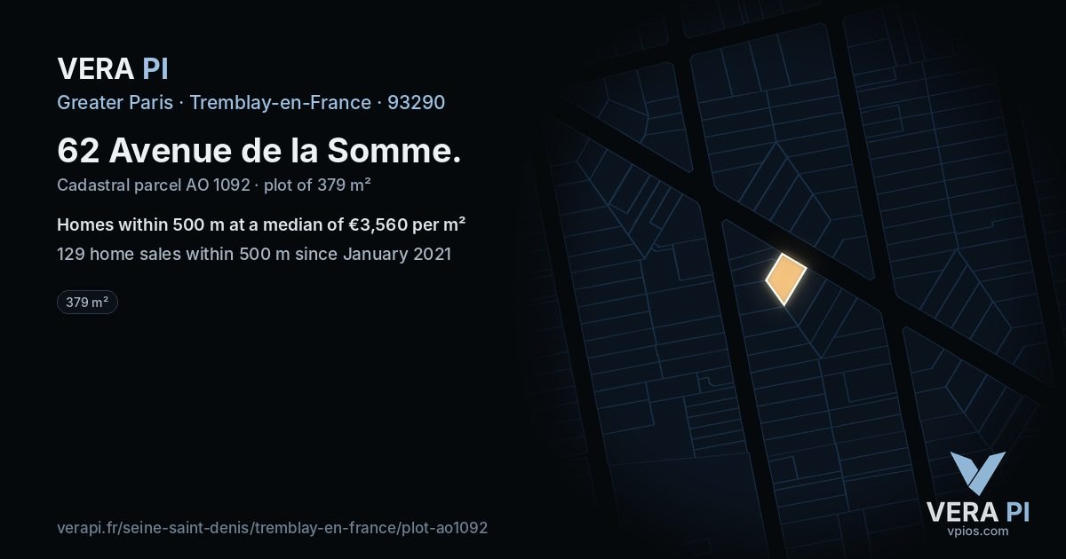 62 Avenue de la Somme, Tremblay-en-France at night – the plot lit, the parcels around coloured by the prices near them