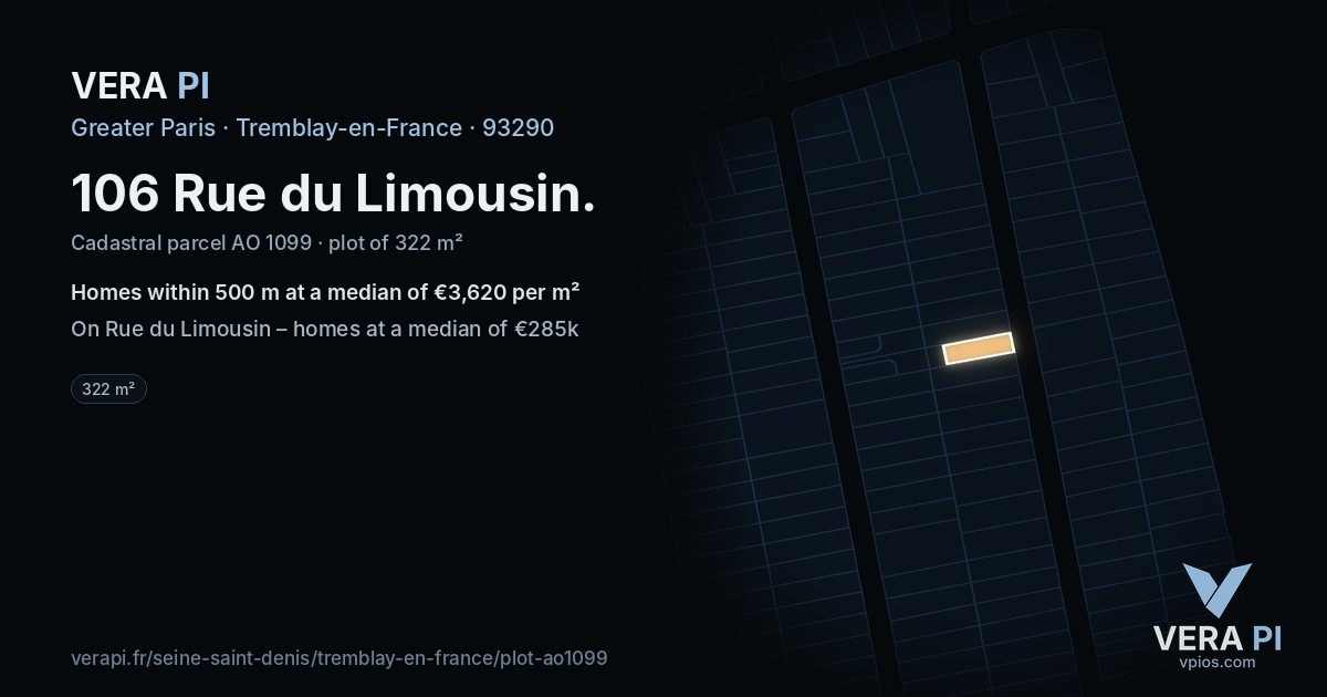 106 Rue du Limousin, Tremblay-en-France at night – the plot lit, the parcels around coloured by the prices near them