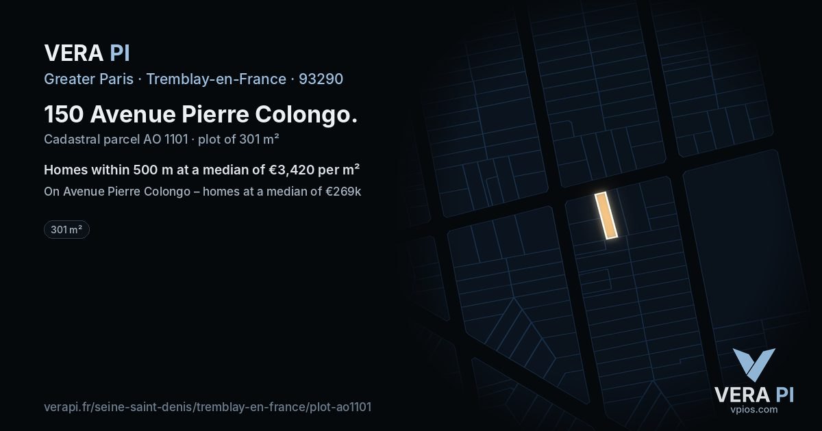 150 Avenue Pierre Colongo, Tremblay-en-France at night – the plot lit, the parcels around coloured by the prices near them