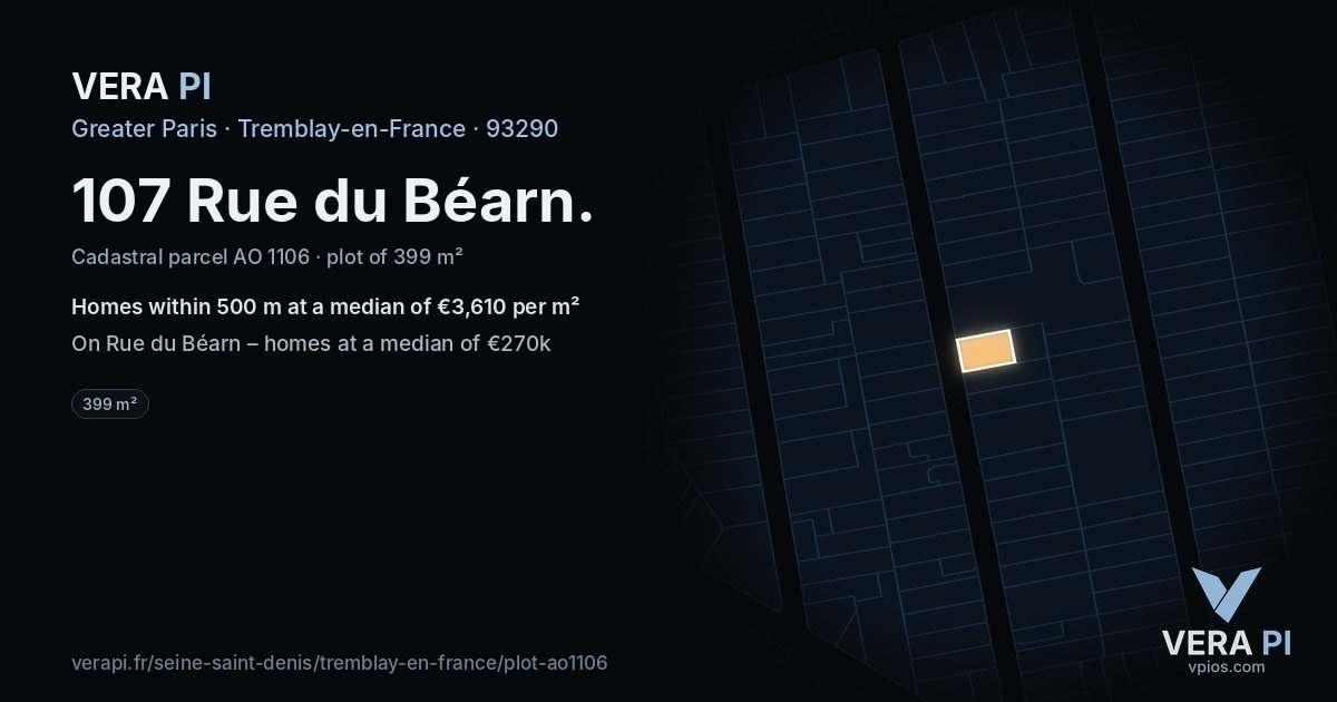 107 Rue du Béarn, Tremblay-en-France at night – the plot lit, the parcels around coloured by the prices near them