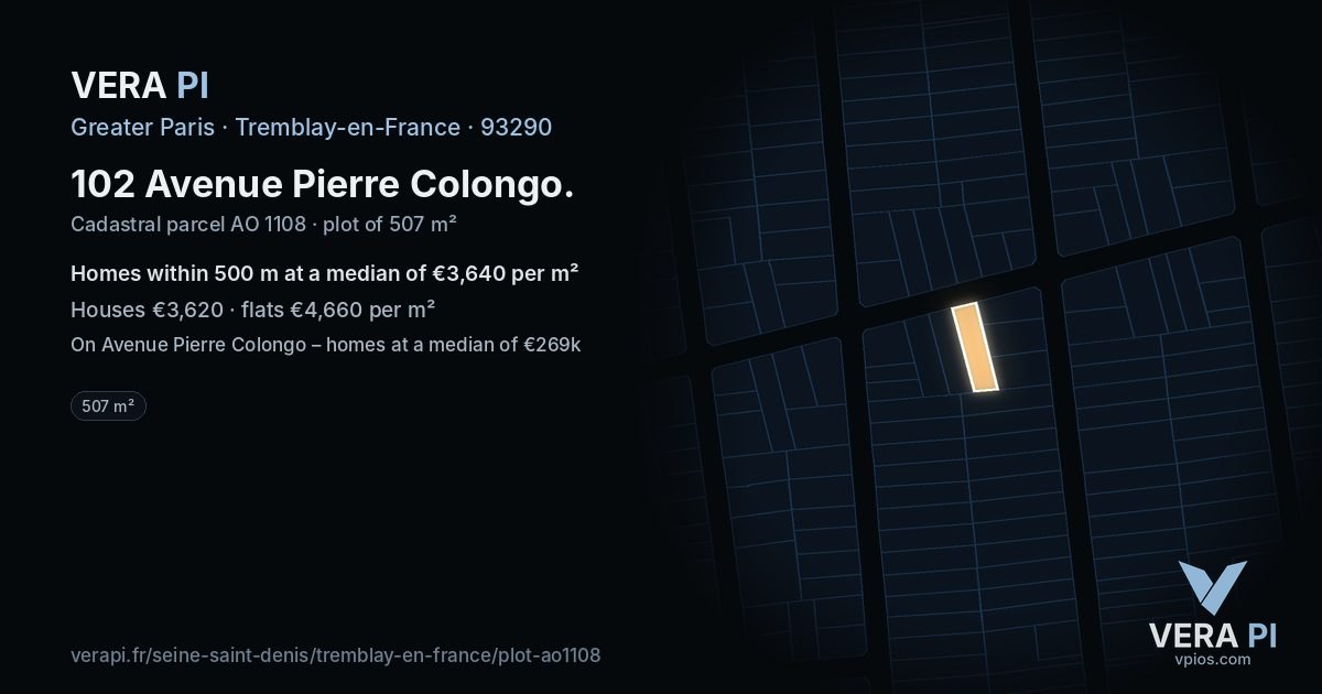 102 Avenue Pierre Colongo, Tremblay-en-France at night – the plot lit, the parcels around coloured by the prices near them