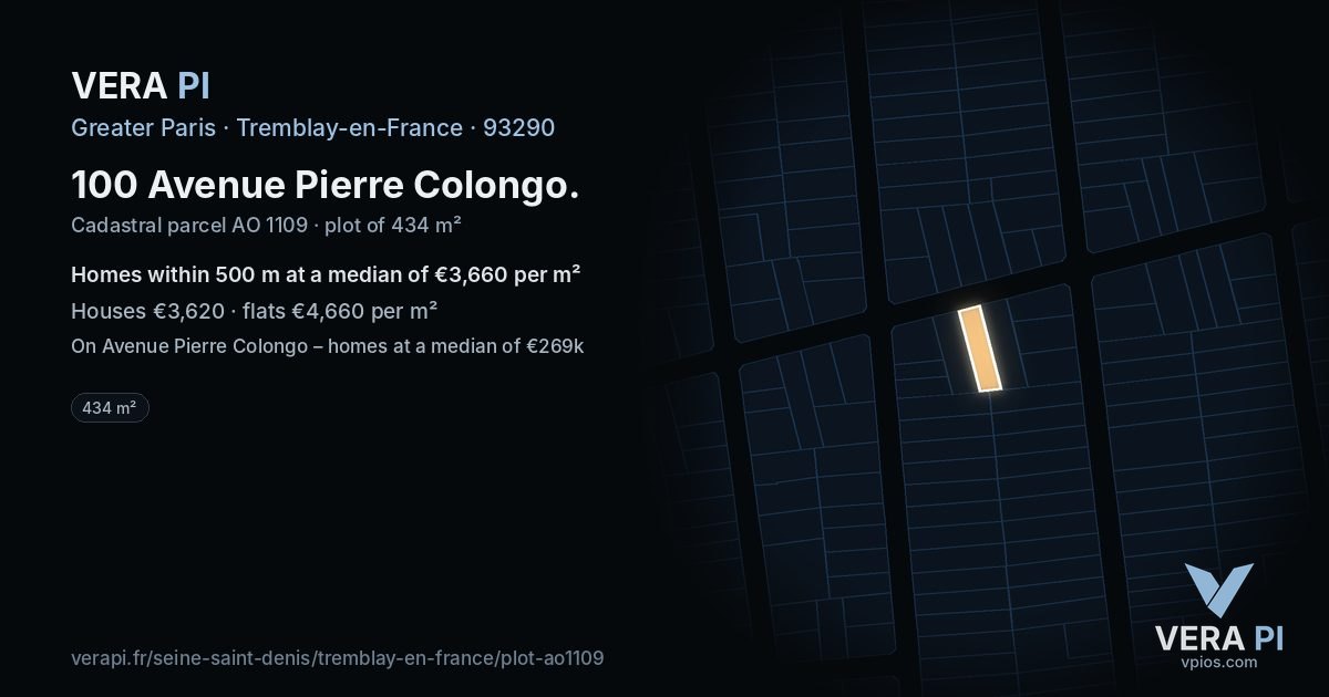 100 Avenue Pierre Colongo, Tremblay-en-France at night – the plot lit, the parcels around coloured by the prices near them