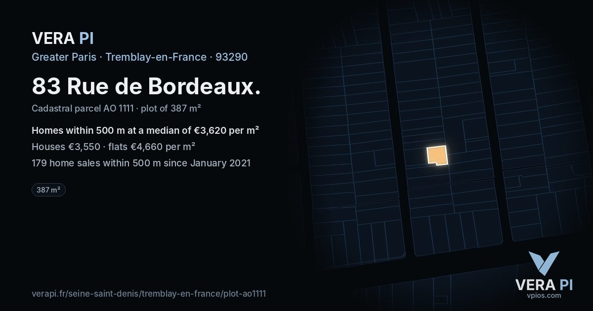 83 Rue de Bordeaux, Tremblay-en-France at night – the plot lit, the parcels around coloured by the prices near them
