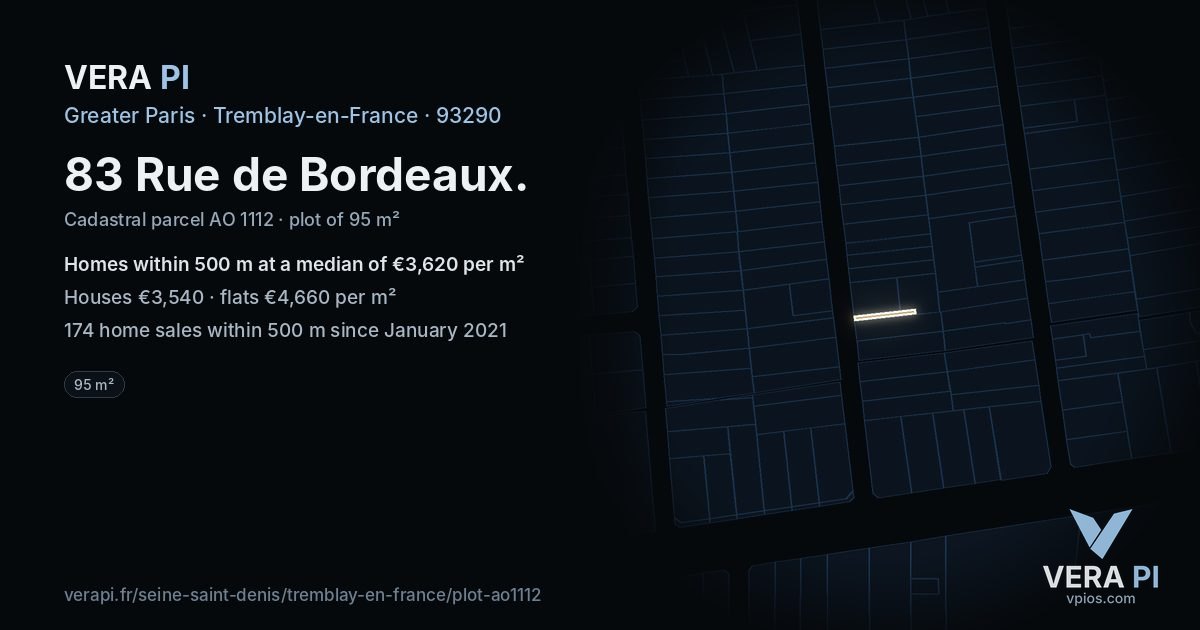 83 Rue de Bordeaux, Tremblay-en-France at night – the plot lit, the parcels around coloured by the prices near them