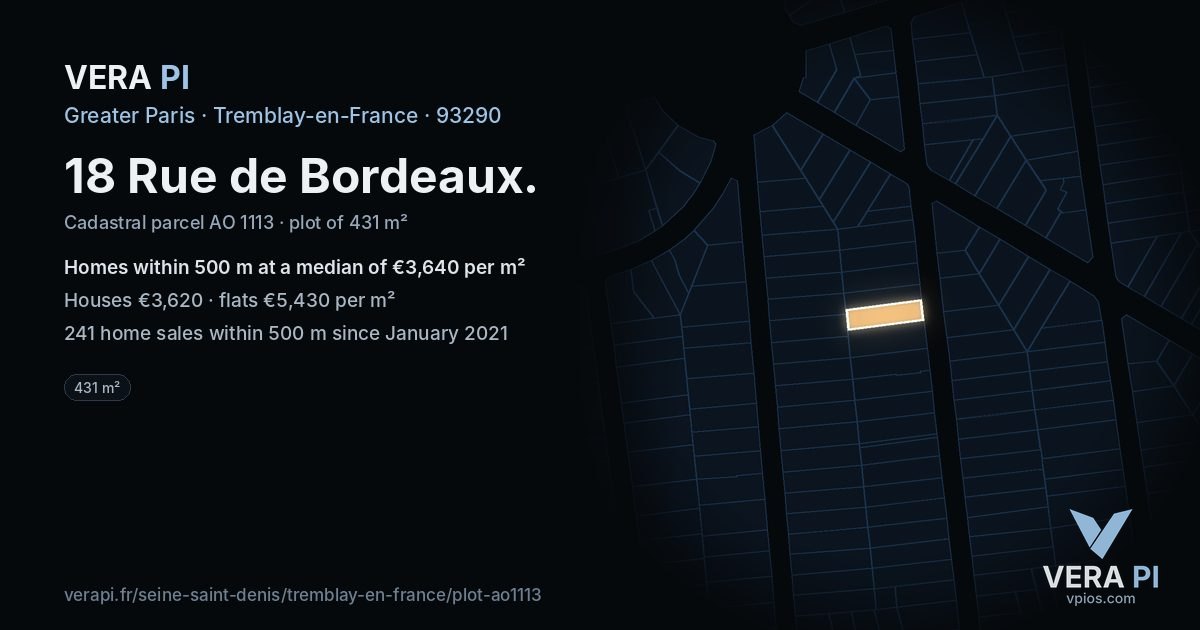 18 Rue de Bordeaux, Tremblay-en-France at night – the plot lit, the parcels around coloured by the prices near them