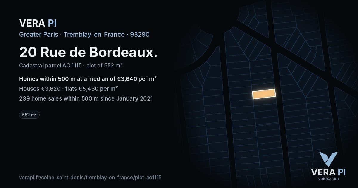 20 Rue de Bordeaux, Tremblay-en-France at night – the plot lit, the parcels around coloured by the prices near them