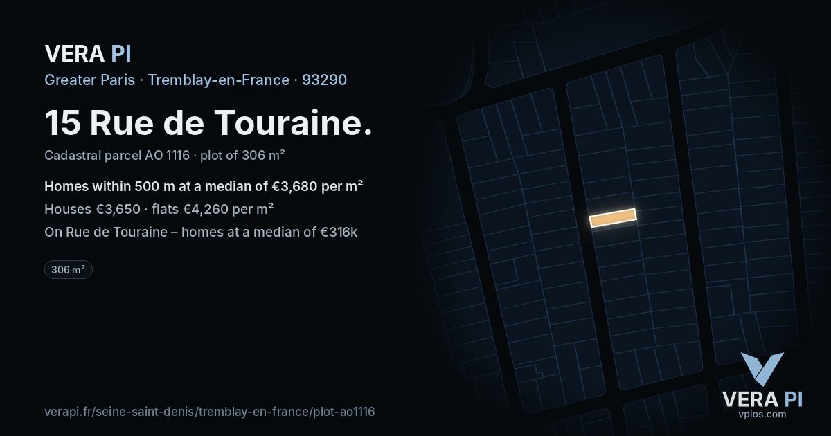 15 Rue de Touraine, Tremblay-en-France at night – the plot lit, the parcels around coloured by the prices near them