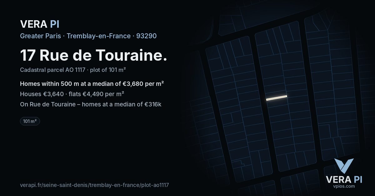 17 Rue de Touraine, Tremblay-en-France at night – the plot lit, the parcels around coloured by the prices near them