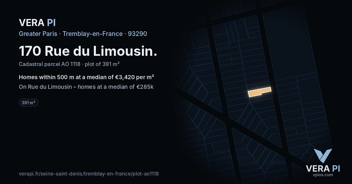 170 Rue du Limousin, Tremblay-en-France at night – the plot lit, the parcels around coloured by the prices near them
