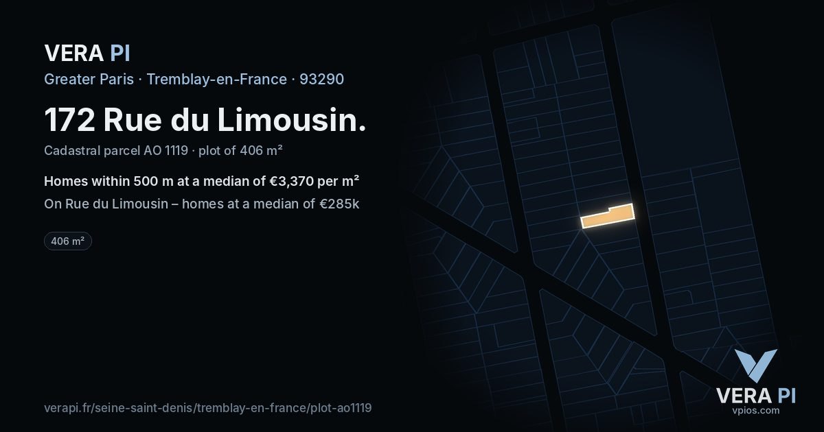172 Rue du Limousin, Tremblay-en-France at night – the plot lit, the parcels around coloured by the prices near them