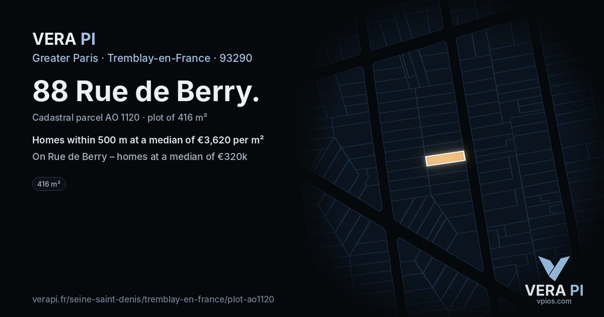 88 Rue de Berry, Tremblay-en-France at night – the plot lit, the parcels around coloured by the prices near them