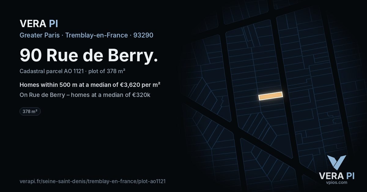 90 Rue de Berry, Tremblay-en-France at night – the plot lit, the parcels around coloured by the prices near them