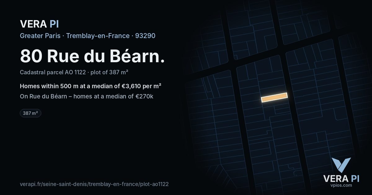 80 Rue du Béarn, Tremblay-en-France at night – the plot lit, the parcels around coloured by the prices near them