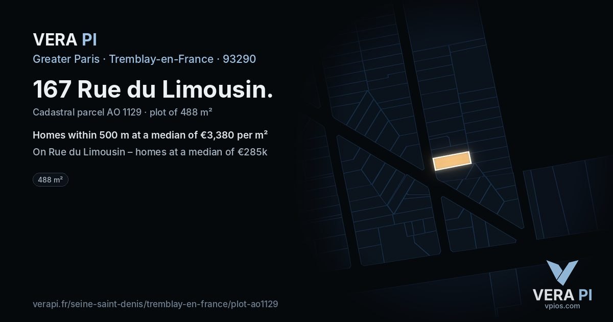 167 Rue du Limousin, Tremblay-en-France at night – the plot lit, the parcels around coloured by the prices near them
