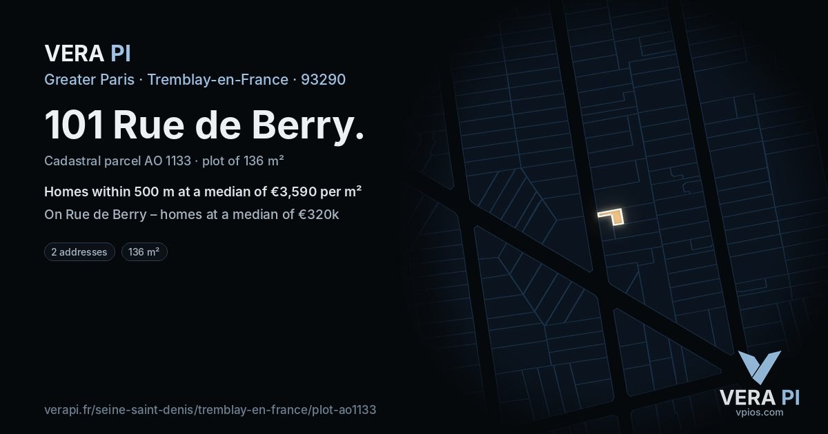 101 Rue de Berry, Tremblay-en-France at night – the plot lit, the parcels around coloured by the prices near them