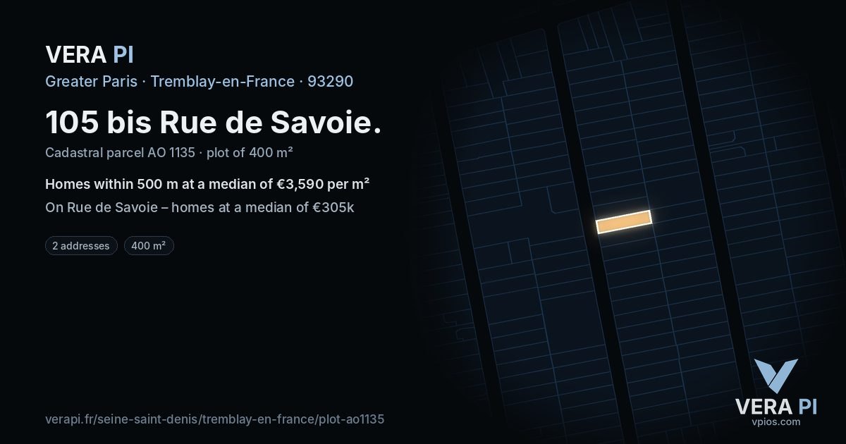 105 bis Rue de Savoie, Tremblay-en-France at night – the plot lit, the parcels around coloured by the prices near them