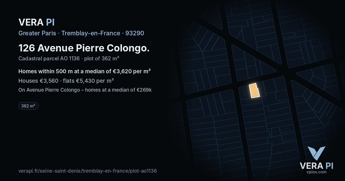126 Avenue Pierre Colongo, Tremblay-en-France at night – the plot lit, the parcels around coloured by the prices near them