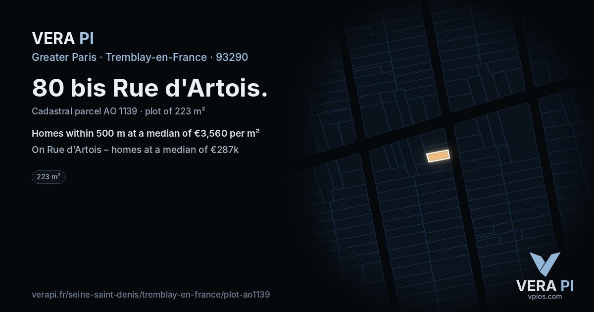 80 bis Rue d'Artois, Tremblay-en-France at night – the plot lit, the parcels around coloured by the prices near them