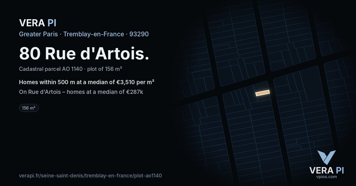 80 Rue d'Artois, Tremblay-en-France at night – the plot lit, the parcels around coloured by the prices near them