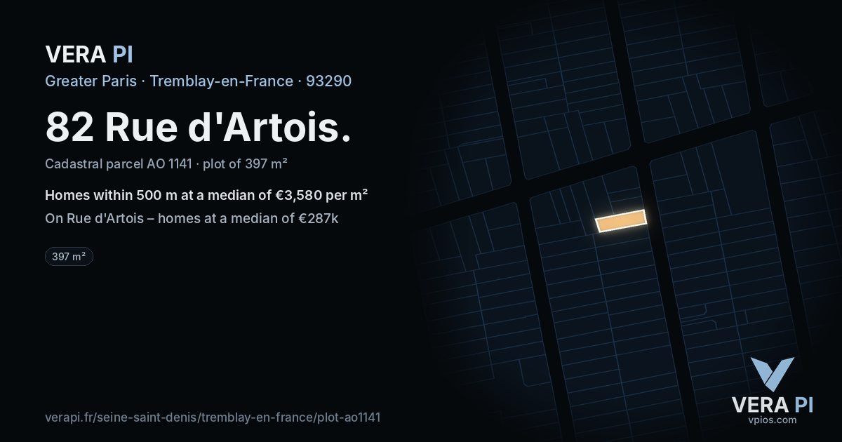 82 Rue d'Artois, Tremblay-en-France at night – the plot lit, the parcels around coloured by the prices near them
