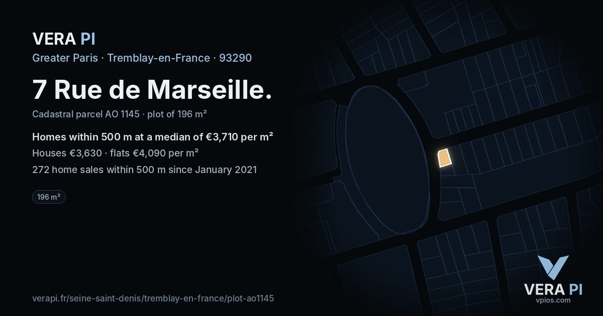 7 Rue de Marseille, Tremblay-en-France at night – the plot lit, the parcels around coloured by the prices near them