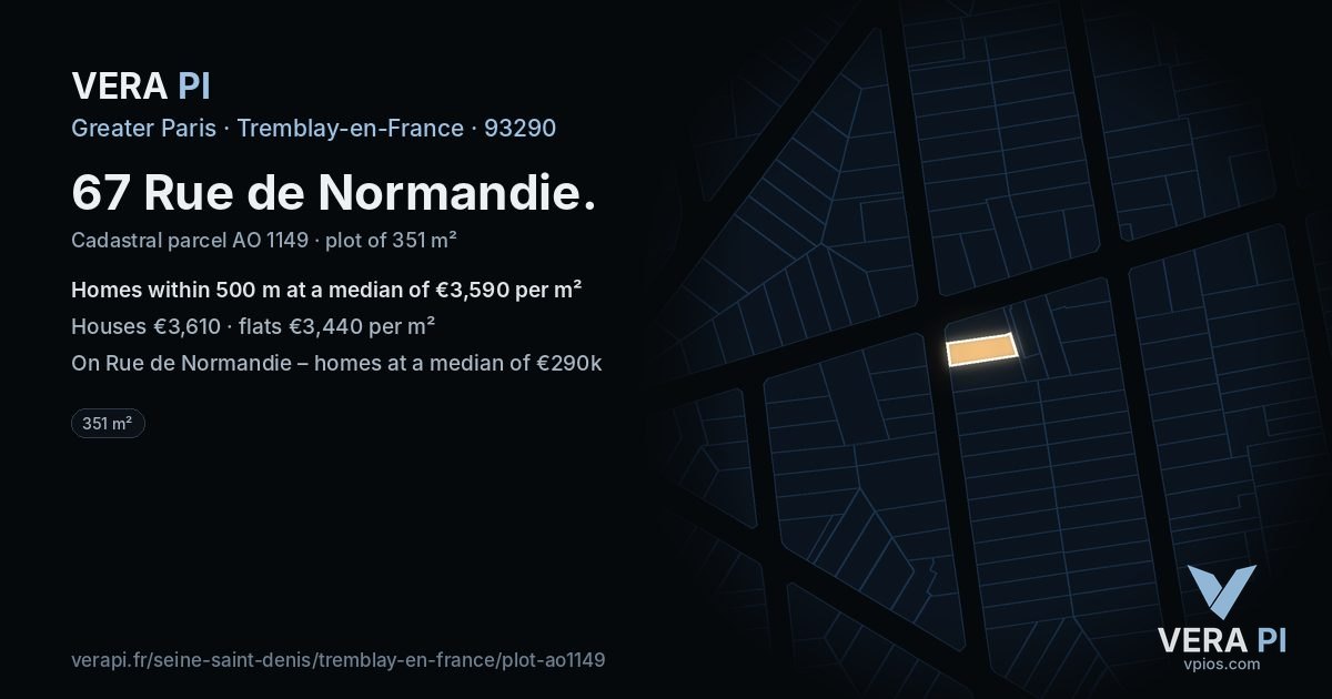 67 Rue de Normandie, Tremblay-en-France at night – the plot lit, the parcels around coloured by the prices near them
