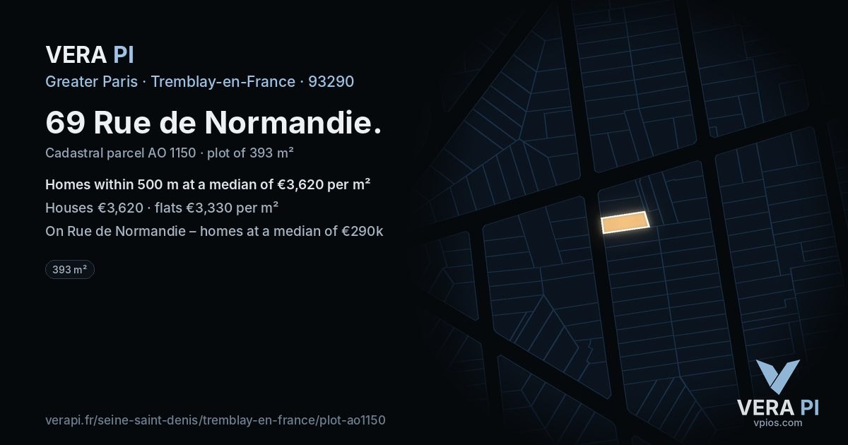 69 Rue de Normandie, Tremblay-en-France at night – the plot lit, the parcels around coloured by the prices near them