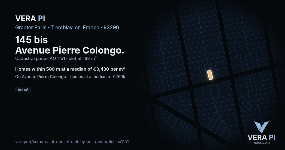 145 bis Avenue Pierre Colongo, Tremblay-en-France at night – the plot lit, the parcels around coloured by the prices near them
