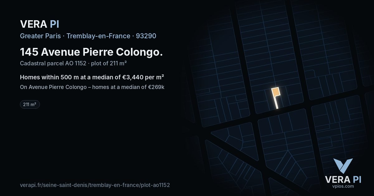 145 Avenue Pierre Colongo, Tremblay-en-France at night – the plot lit, the parcels around coloured by the prices near them