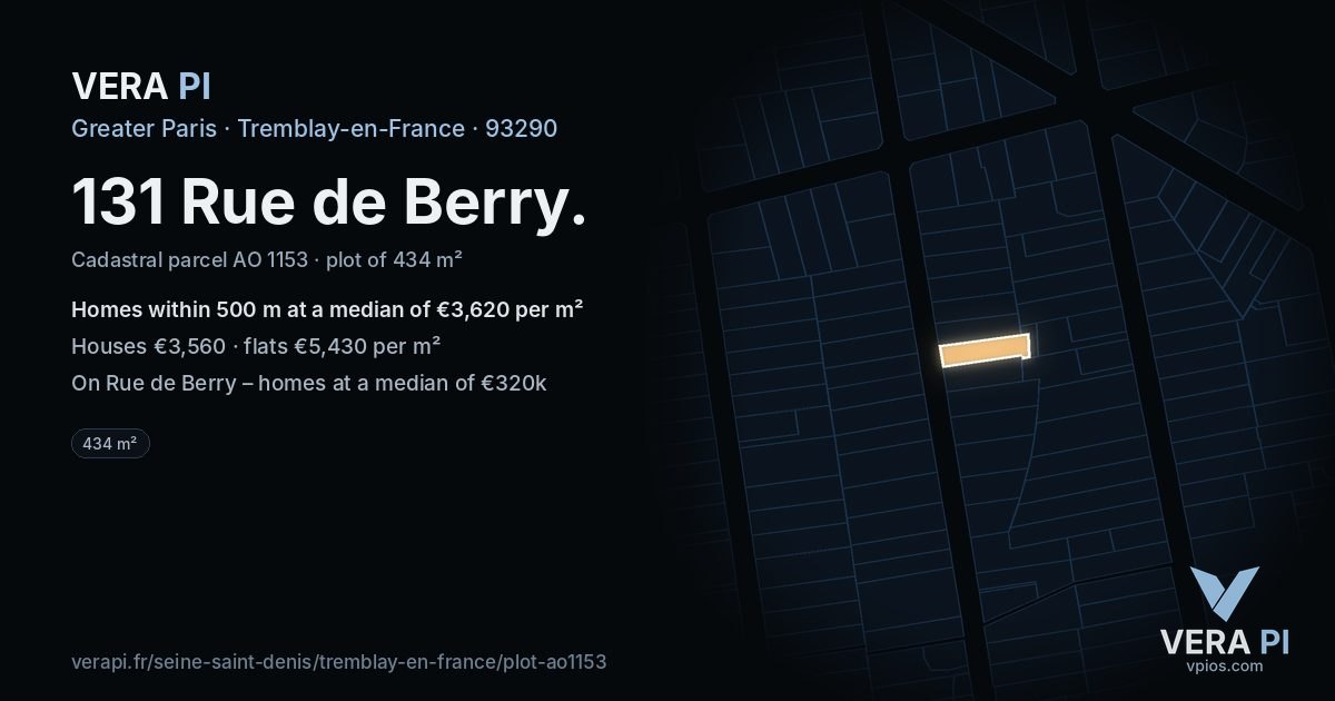 131 Rue de Berry, Tremblay-en-France at night – the plot lit, the parcels around coloured by the prices near them
