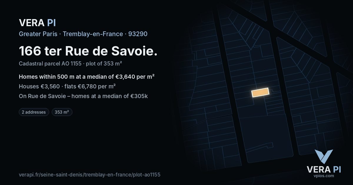 166 ter Rue de Savoie, Tremblay-en-France at night – the plot lit, the parcels around coloured by the prices near them