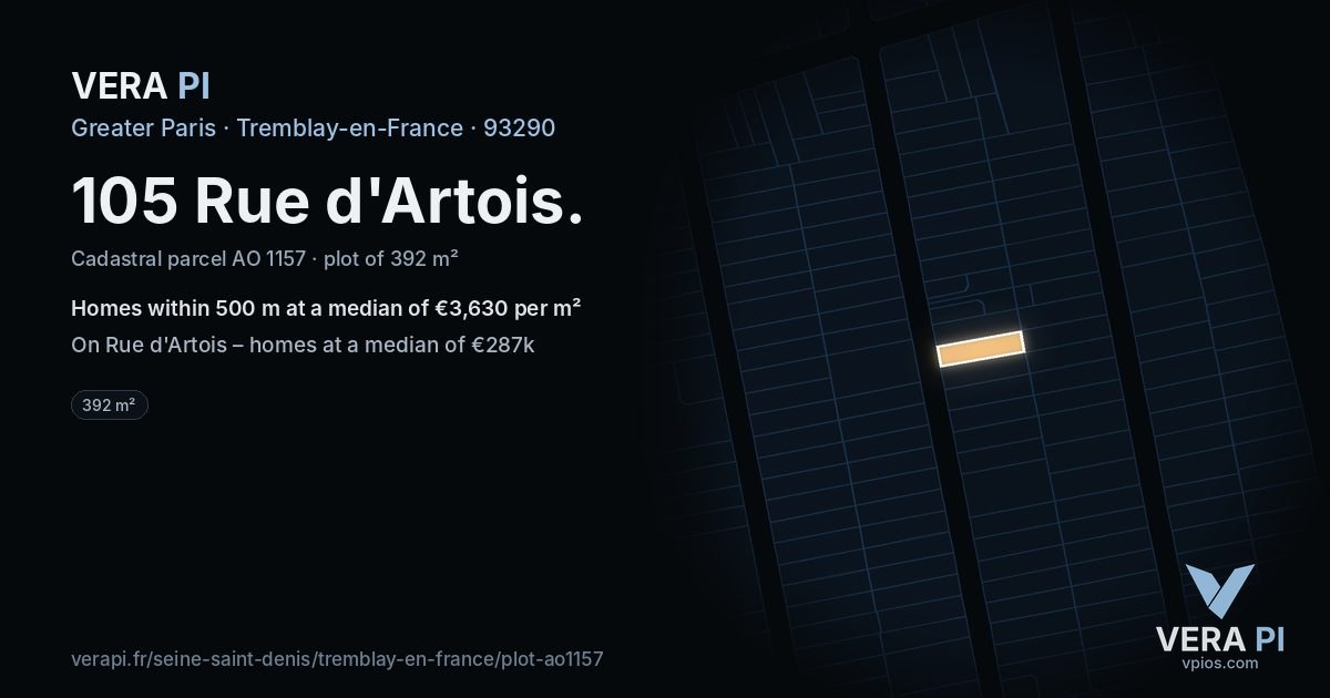 105 Rue d'Artois, Tremblay-en-France at night – the plot lit, the parcels around coloured by the prices near them
