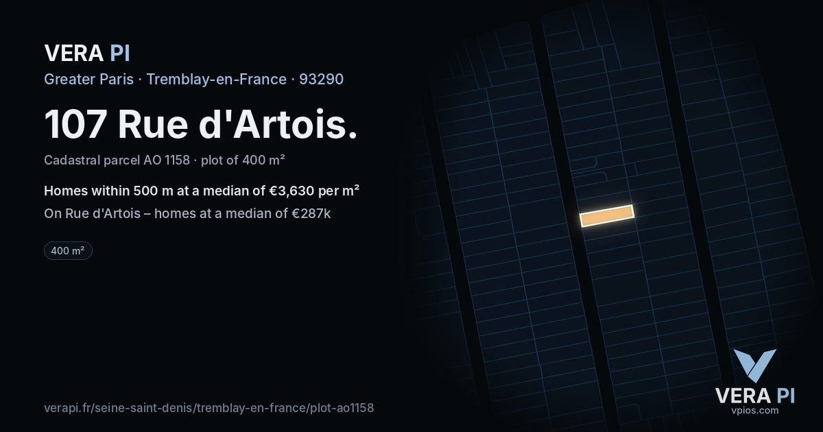 107 Rue d'Artois, Tremblay-en-France at night – the plot lit, the parcels around coloured by the prices near them