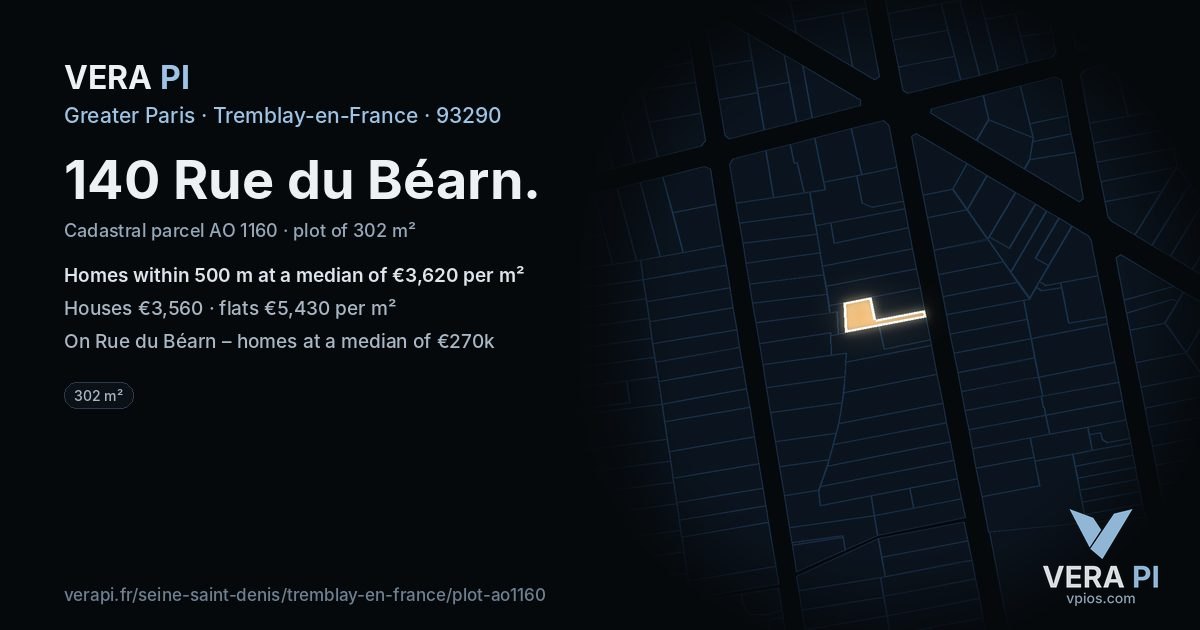 140 Rue du Béarn, Tremblay-en-France at night – the plot lit, the parcels around coloured by the prices near them