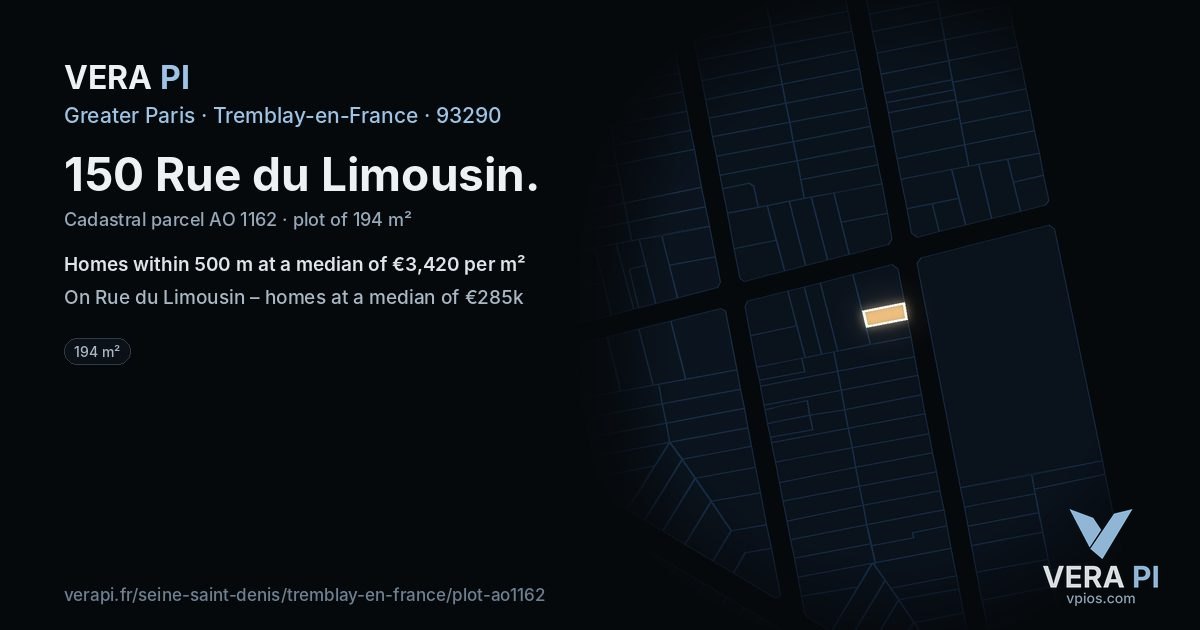 150 Rue du Limousin, Tremblay-en-France at night – the plot lit, the parcels around coloured by the prices near them