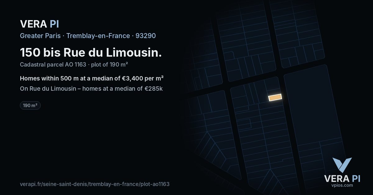 150 bis Rue du Limousin, Tremblay-en-France at night – the plot lit, the parcels around coloured by the prices near them