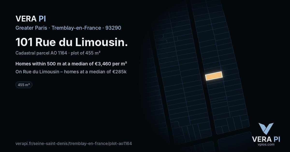 101 Rue du Limousin, Tremblay-en-France at night – the plot lit, the parcels around coloured by the prices near them