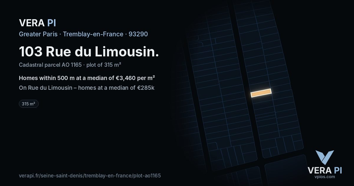 103 Rue du Limousin, Tremblay-en-France at night – the plot lit, the parcels around coloured by the prices near them