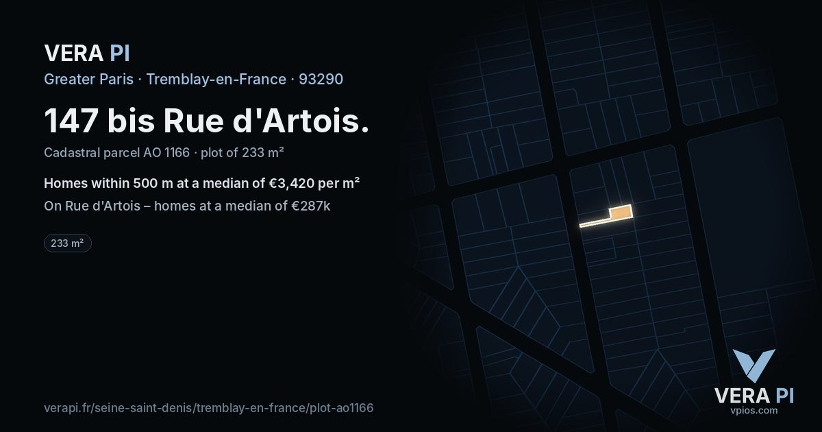 147 bis Rue d'Artois, Tremblay-en-France at night – the plot lit, the parcels around coloured by the prices near them