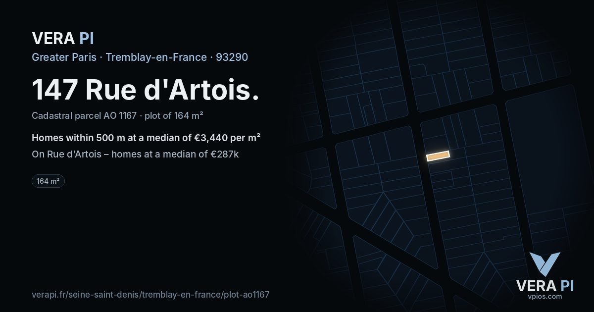 147 Rue d'Artois, Tremblay-en-France at night – the plot lit, the parcels around coloured by the prices near them
