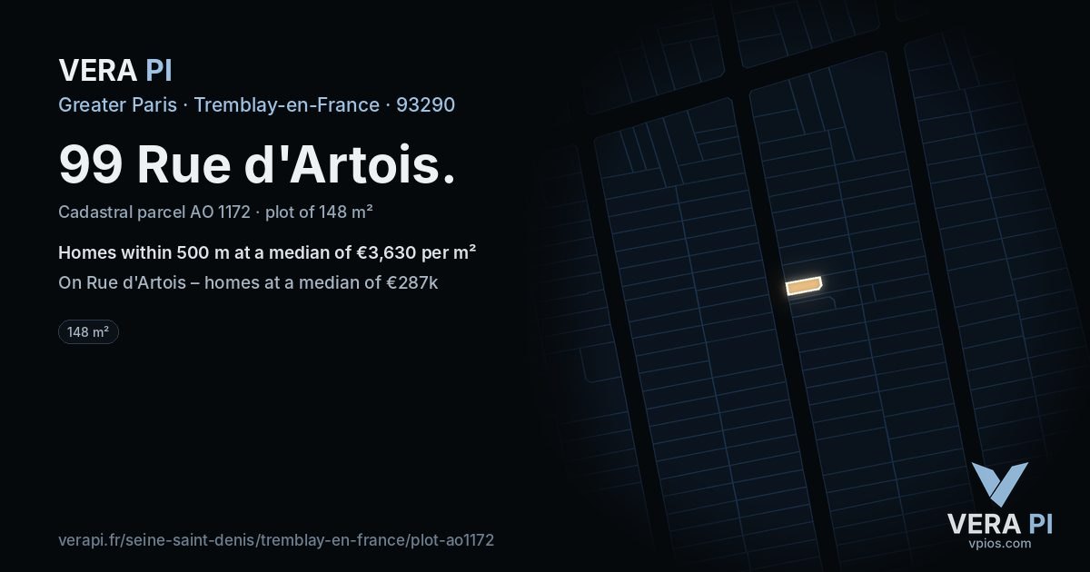 99 Rue d'Artois, Tremblay-en-France at night – the plot lit, the parcels around coloured by the prices near them
