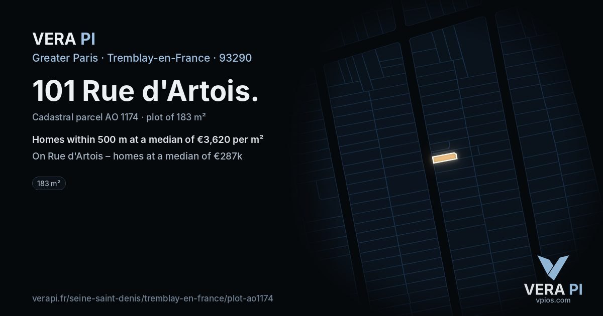 101 Rue d'Artois, Tremblay-en-France at night – the plot lit, the parcels around coloured by the prices near them