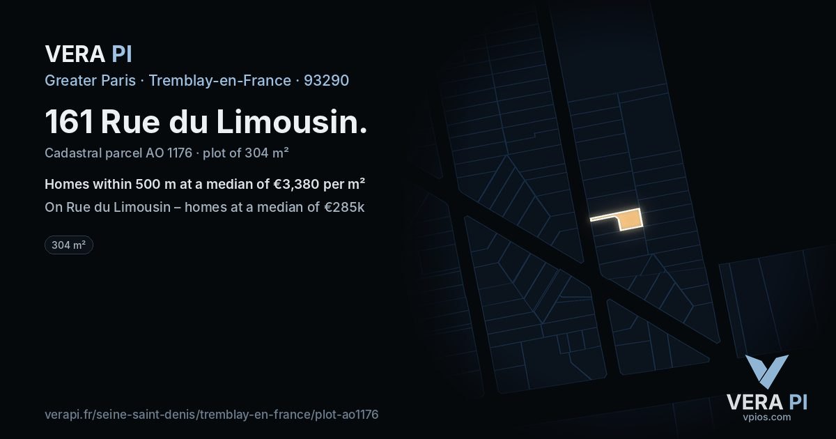 161 Rue du Limousin, Tremblay-en-France at night – the plot lit, the parcels around coloured by the prices near them
