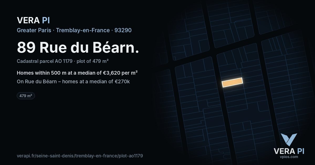 89 Rue du Béarn, Tremblay-en-France at night – the plot lit, the parcels around coloured by the prices near them