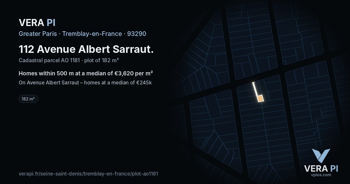 112 Avenue Albert Sarraut, Tremblay-en-France at night – the plot lit, the parcels around coloured by the prices near them