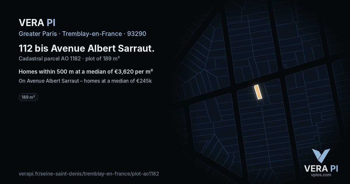 112 bis Avenue Albert Sarraut, Tremblay-en-France at night – the plot lit, the parcels around coloured by the prices near them