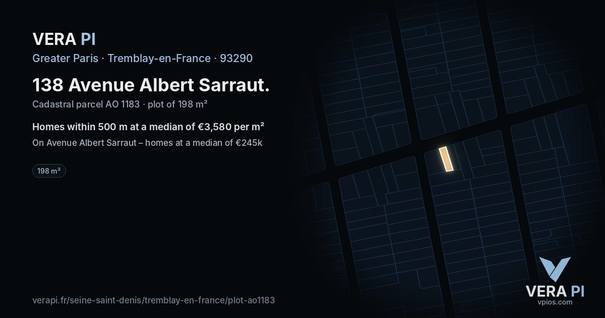 138 Avenue Albert Sarraut, Tremblay-en-France at night – the plot lit, the parcels around coloured by the prices near them