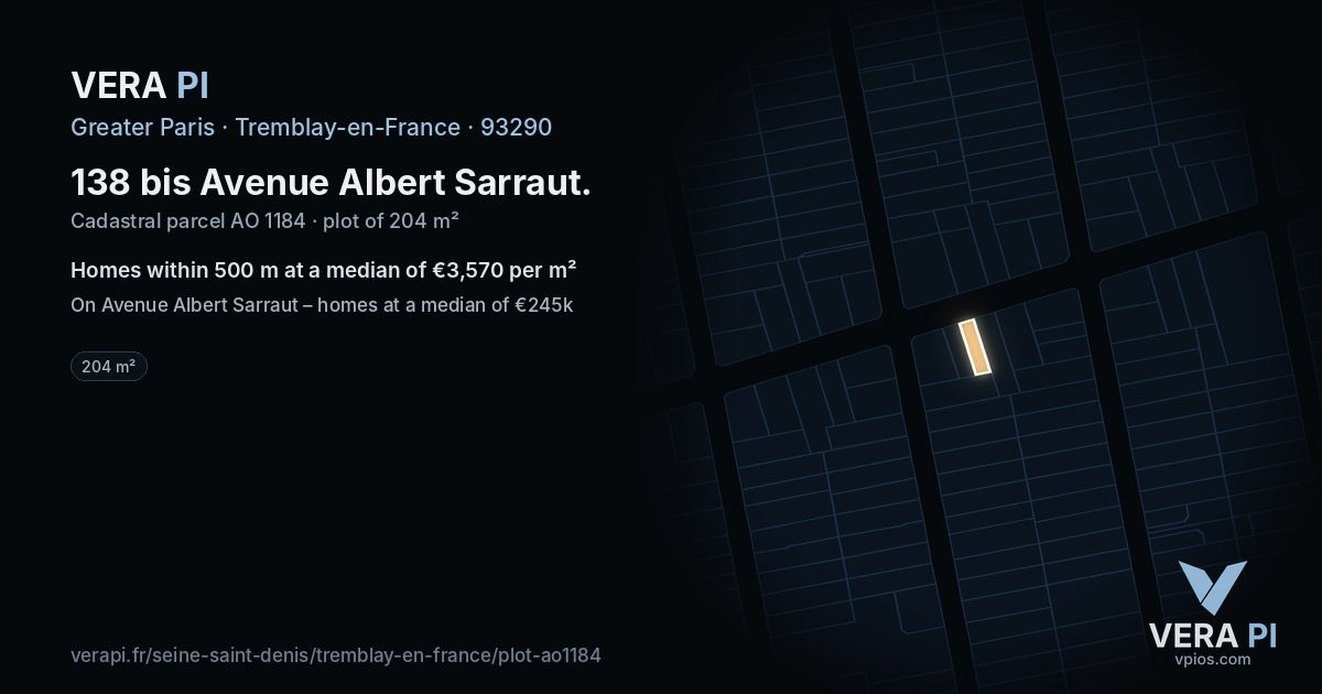 138 bis Avenue Albert Sarraut, Tremblay-en-France at night – the plot lit, the parcels around coloured by the prices near them
