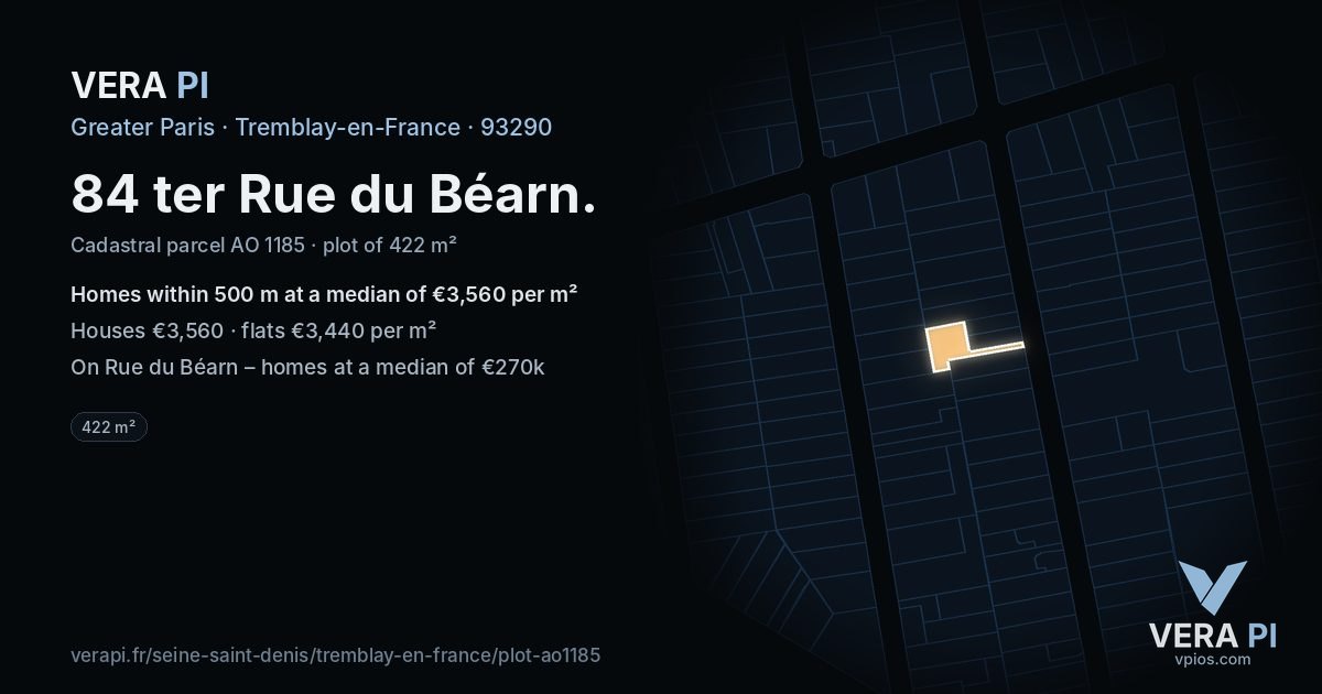 84 ter Rue du Béarn, Tremblay-en-France at night – the plot lit, the parcels around coloured by the prices near them