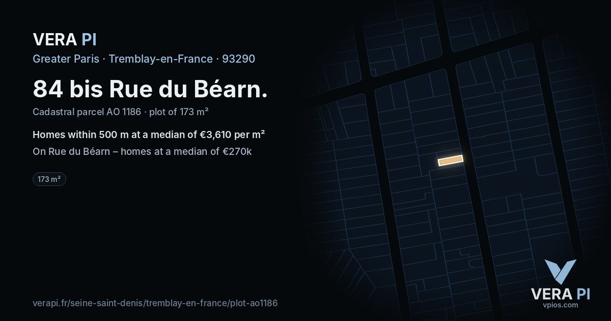 84 bis Rue du Béarn, Tremblay-en-France at night – the plot lit, the parcels around coloured by the prices near them